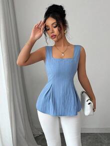 Elenzga New Spring/Summer Elegant Vintage Blue Tie-Up Waist Square Collar Sleeveless Blouse, Suitable For Vacation And Work - Blue - View 7