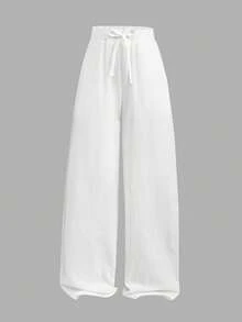 青少年（女孩）春夏休闲沙滩度假日常100%纯棉宽松带口袋长裤 - 白色 - 查看 4