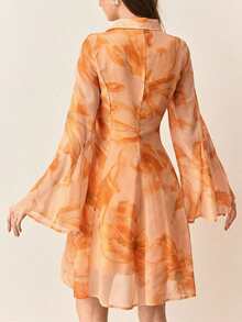 Aveloria Rosie Rosie Yellow Floral Print Chiffon Collar Ruffle A-Line Short Dress - Burnt Orange - View 2