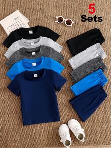 SHEIN Vintaside Kids 5 Stücke Baby Jungen Outfit Set mit strukturiertem Strick Kurzarm Rundhals Oberteil & Elastischer Taille Shorts, marineblau, Sommer lässig, Familienoutfit passend für 6 Monate - 3 Jahre - Verschiedenfarbig - Übersicht 2