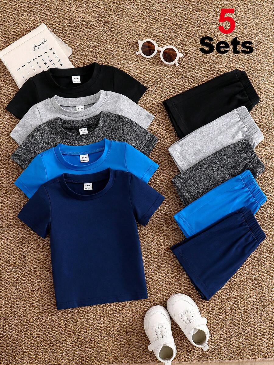 SHEIN Vintaside Kids 5 Stücke Baby Jungen Outfit Set mit strukturiertem Strick Kurzarm Rundhals Oberteil & Elastischer Taille Shorts, marineblau, Sommer lässig, Familienoutfit passend für 6 Monate - 3 Jahre