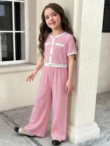 SHEIN 两件套少女休闲正式优雅返校套装，粉白撞色珍珠纽扣上衣搭配直筒撞色长裤，返校季少女装 - 粉色 - 查看 8