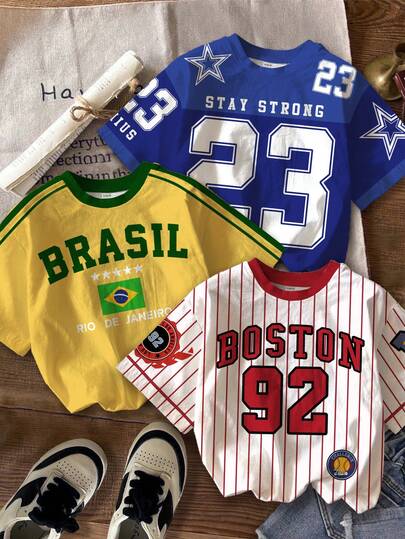 SHEIN 3pcs/Set Young Boy Casual Minimalist Y2K Style English Letter & Number 23 Sports Retro American Colorblock Loose Comfortable Short Sleeve Round Neck T-Shirts, Suitable For Spring/Summer