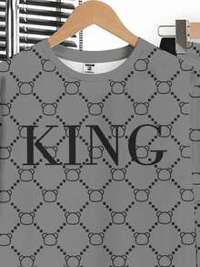 SHEIN 男童新款休闲复古花卉英文字母“King”运动风美式复古撞色舒适宽松圆领短袖T恤和裤子套装 - 白色 - 查看 4