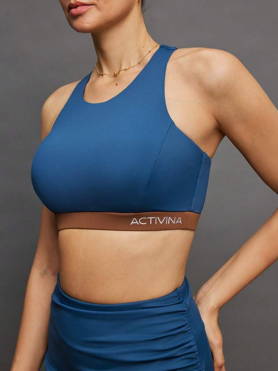 Activina 女士撞色拼接字母印花运动文胸 - 藍色 - 查看 1