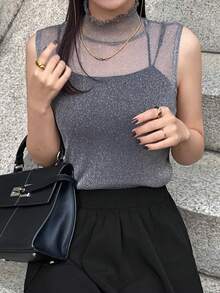 FRIFUL 女士网纱高领透视上衣，秋季叠穿单品 - 灰色 - 查看 5