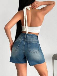 SHEIN Hög midja damjeanshorts i mellanblått, avslappnad stil - Ljustvätt - Visa 3