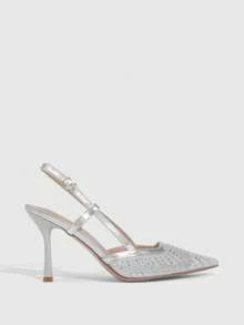 CUCCOO SZL Women's Pointed Toe High Heel Black Mesh Rhinestone Embellished Fashionable Sexy Glamorous Party Occasion Stilettos With Ankle Strap - silver metal - View 4