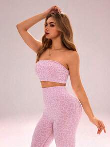 Sovereign Charm Conjunto deportivo sin costuras con estampado de leopardo para mujer, top bandeau y leggings sexy de dopamina, conjunto de 2 piezas - Multicolor - Ver 4