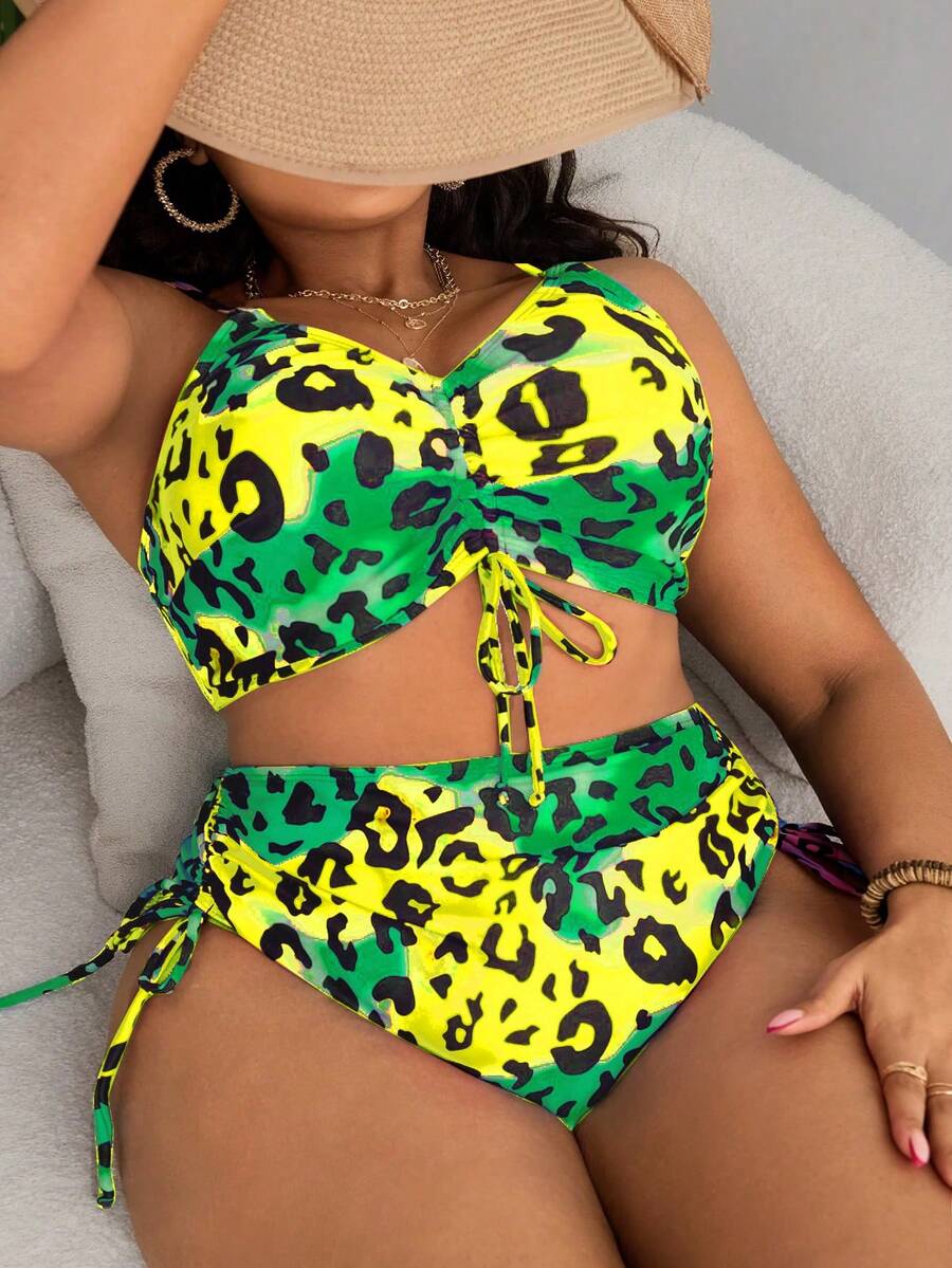 SHEIN Slayr CURVE Plus Size Colorful Leopard Print Tie-Up Bikini Set - Multicolor - View 1