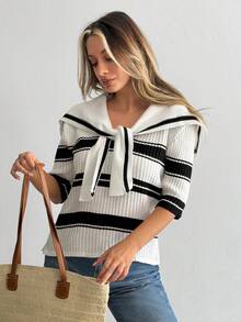 SHEIN Contrast Stripe Sailor Collar Tie-Front Knit Top - Black and White - View 2