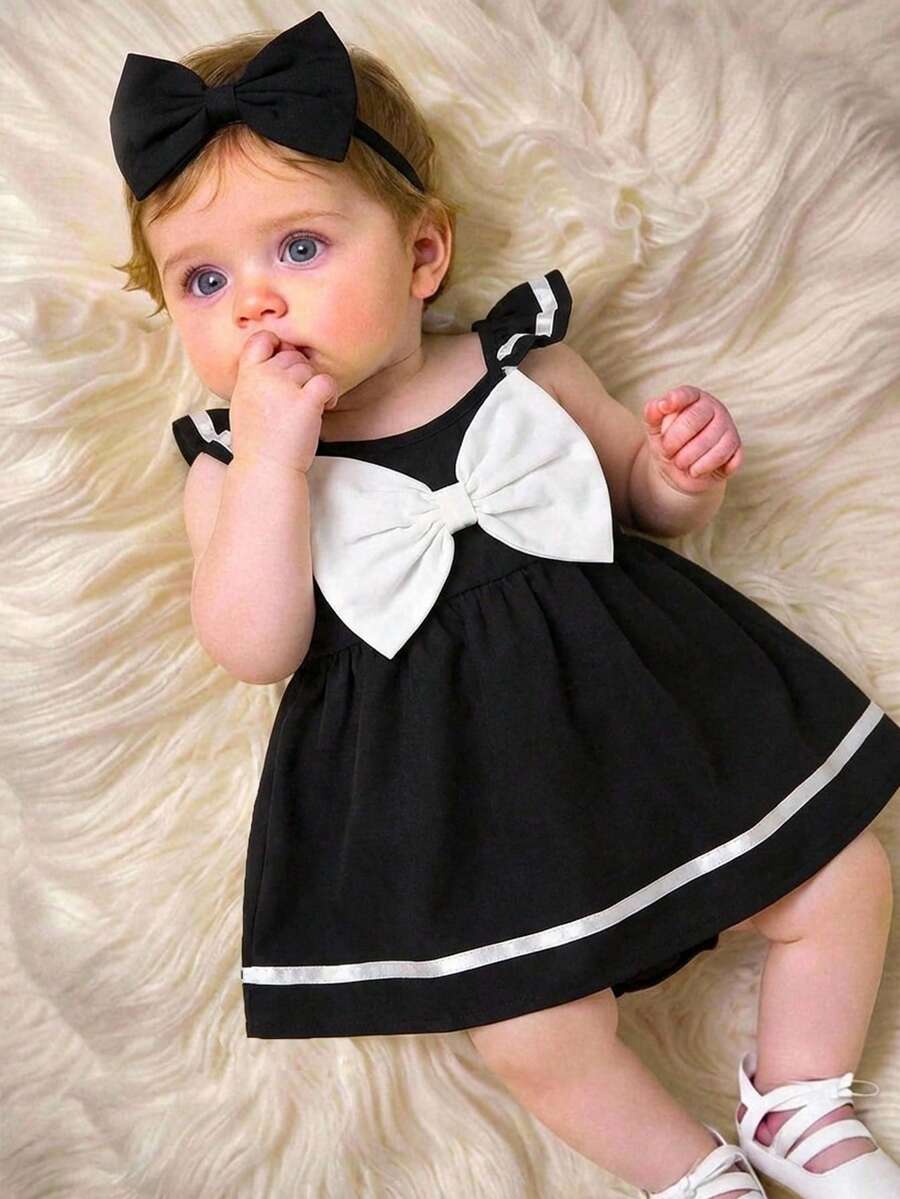 SHEIN Đầm tay ngắn màu đen trắng thanh lịch và dễ thương với nơ thắt cổ cho bé gái - màu đen - Xem 1