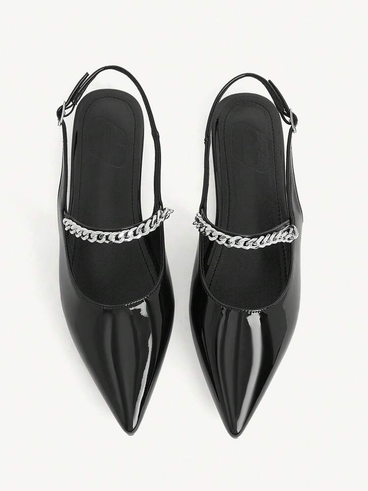 CUCCOO CHICEST Women's Pointed Toe Chain Decor Romantic Elegant PU Leather Flat Shoes, Summer/Summer New Arrival Wedding Shoes Summer Shoes Bride Shoes