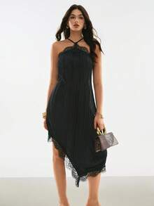 Poéselle Rochie elegantă plisată cu dantelă și decolteu halter pentru femei - Negru - Vizualizare 6