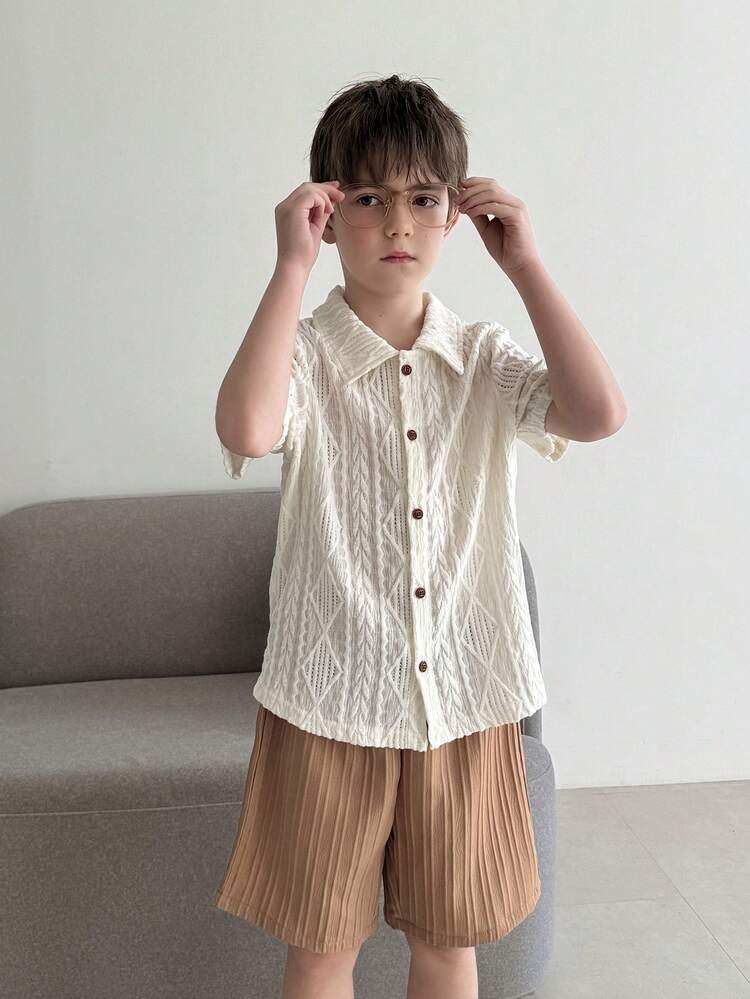 Tween Boy Textured Geometric Print Short Sleeve Shirt And Shorts Casual Set Summer