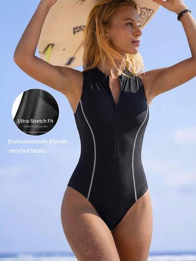 Swim SPRTY بذلة حماية من الطفح الجلدي للنساء بدون أكمام باللون الأسود، ذات لون تباين أبيض عصري للسباحة والشاطئ والعطلات الصيفية والربيعية