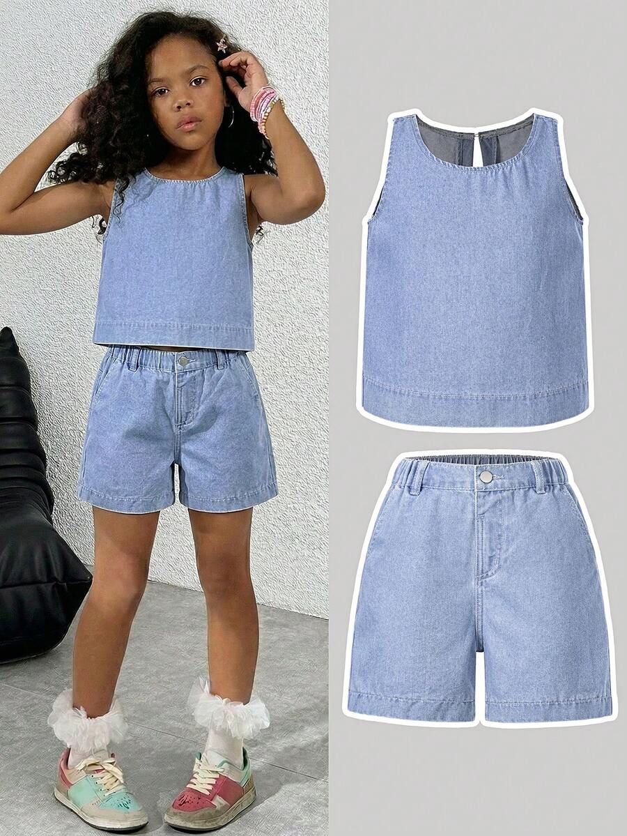 Conjunto de mezclilla informal para niñas preadolescentes, nuevo conjunto de mezclilla azul desgastado de moda minimalista y versátil - Azul - Ver 1