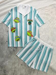 TEENAGE MUTANT NINJA TURTLES | SHEIN Bộ đồ ngủ nam in hình hoạt hình kẻ sọc gồm áo và quần short - Màu xanh Bạc hà - Xem 1