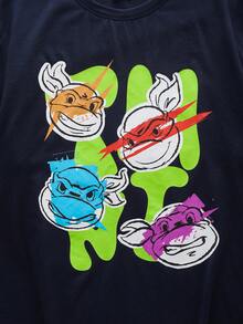 TEENAGE MUTANT NINJA TURTLES | SHEIN 男士短袖T恤和抽绳腰带短裤睡衣套装，忍者神龟图案 - 藏蓝色 - 查看 4