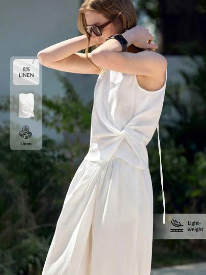 Ontre 2026ss Women's Linen-Blend Sleeveless Blouse, Comfortable Skin-Friendly High-End Fabric, Fitted Silhouette, Round Neck, Asymmetric Design With Side Twist Decor And Back Zipper, Flowing Tie Hem, Versatile For Business, Casual, Commute, High-Quality Airport, Cruise, Middle East Minimalist Luxury Style All Season Modern Urban Casual Fashion Business Casual Women's Office Wear Low-Key Old Money Style Effortless Temperament High-End Urban Commuting High-Quality Airport Women's Wear High-End Material