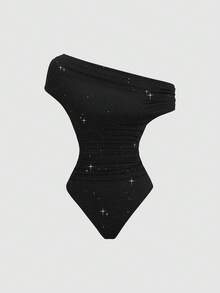 Sweetra Sexy Backless Sequin Embellished Romper, Punk Rock Style, Waist Cinching, Revealing Neckline, Versatile Shoulder Design, Sultry & Sweet, Suitable For Early Autumn - Black - View 7