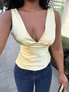 Alexandranx 黄色缎面 V 领系带背心，适合度假、海滩、音乐节、早午餐、婚礼宾客服装、伴娘、春夏季 - 黃色 - 查看 3