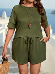 EMERY ROSE Set de 2 piezas Camiseta de cuello redondo casual + Pantalones cortos con bolsillos para mujer talla grande, conjunto de ocio - Verde militar - Ver 4