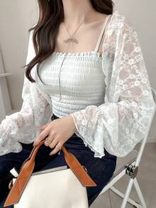 FRIFUL 女士纯色透视前开襟露脐蕾丝长袖上衣，波西米亚风度假装扮 - 白色 - 查看 8