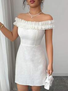 Elenzga Women's Elegant Embossed Jacquard Off Shoulder Cinched Waist A-Line Short Dress - Apricot - View 6