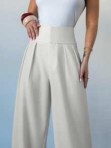 Firerie 女士新款优雅休闲百搭高腰阔腿褶皱宽松直筒裤，适合春、夏、秋、冬四季穿着，也适合办公室、度假、复古风、教师装扮等场合。 - 白色 - 查看 4