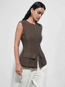 Aveloria Modichic Fashionable Design Sense Versatile Commute Casual Utility Pocket Round Neck Zipper Design Sleeveless Women Blazer - Multicolor - View 5