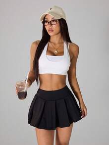 SHEIN PETITE 纯色学院风休闲针织百褶超短裙 - 黑色 - 查看 4