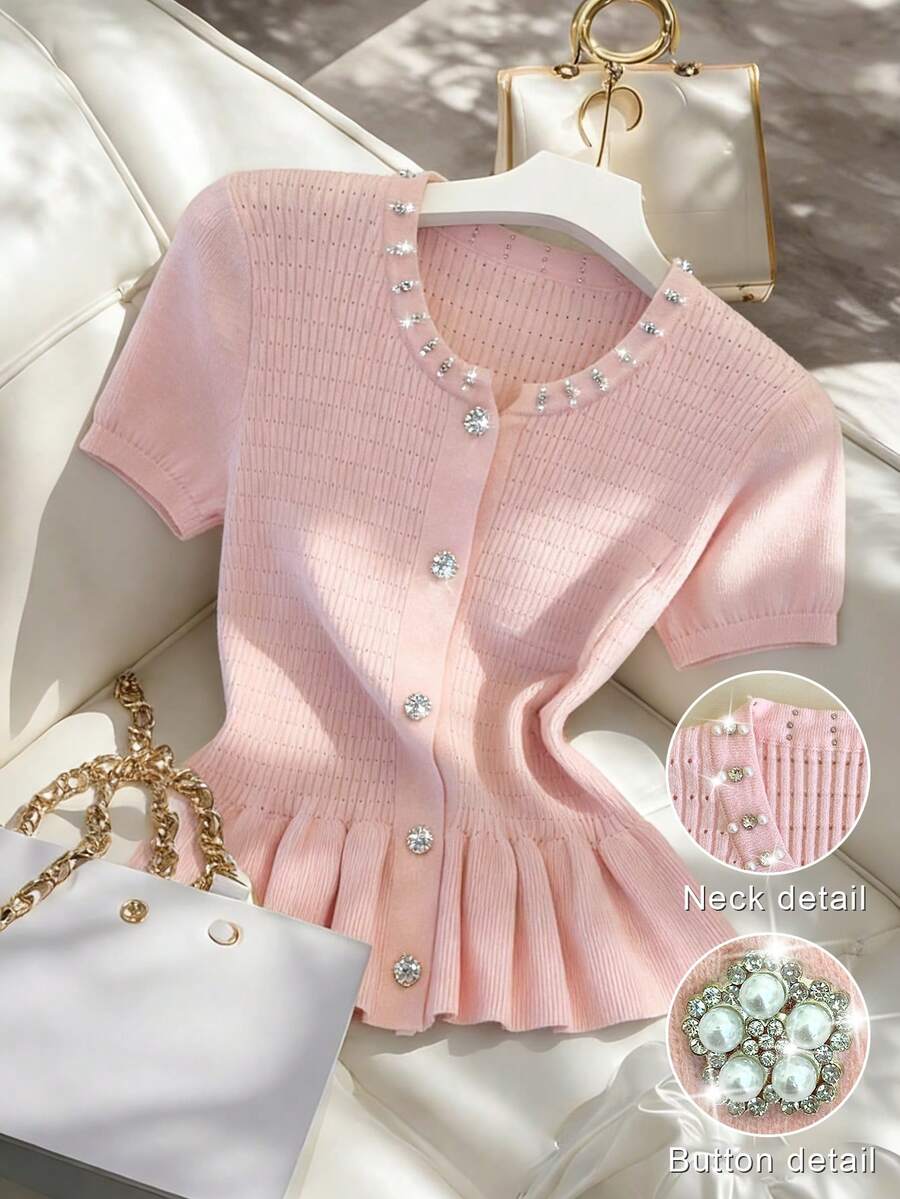 Franclia 女士休闲优雅日常百搭纯色圆领修身短袖开衫，饰有水钻和珍珠纽扣，荷叶边下摆，春夏款 - 粉色 - 查看 1