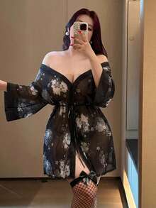 Vibekara 性感浪漫印花收腰短裙 - 黑色 - 查看 3