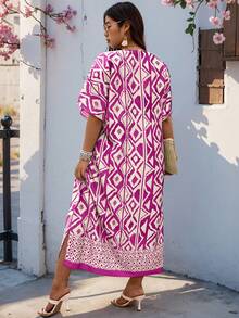 SHEIN LUNE 大码女式几何图案蝙蝠袖宽松休闲连衣裙 - 彩色 - 查看 2