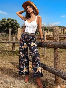 Breezaya Western Style Print High Waist Elastic Waist Wide Leg Pants - Black - View 1