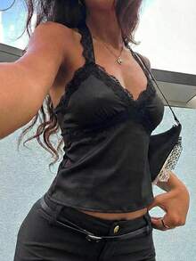 Aloruh Women's Fashion Contrast Lace Spaghetti Strap Backless Camisole For Summer - Black - View 10