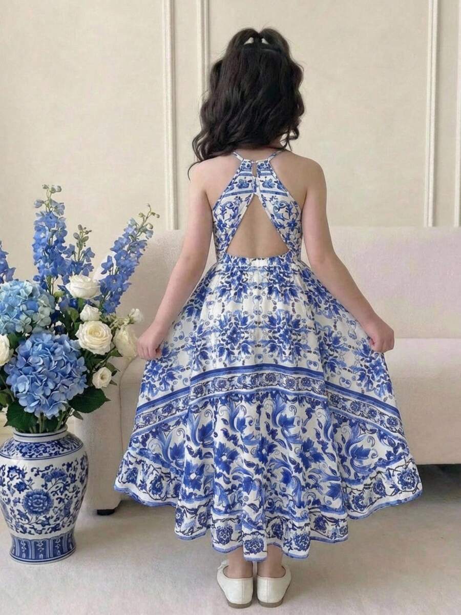 SHEIN Tween Girl Backless Tie-Up Hollow Out Sleeveless Floral Print Asymmetric Hem Maxi Woven Dress - Blue - View 1