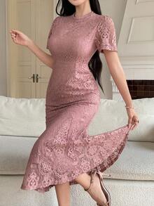 DAZY Đầm midi ren cổ tròn thanh lịch dành cho nữ, thích hợp cho các kỳ nghỉ và dịp lễ, mùa xuân/hè. - Hồng - Xem 4