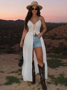 SHEIN SXY 女士度假系带无袖花卉刺绣长款吊带背心 - 白色 - 查看 7