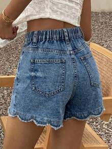 SHEIN Thời trang thiếu nữ tuổi teen, phong cách đường phố, phối đồ đa năng, kiểu dáng Y2K cổ điển, cá tính, mùa xuân hè, quần short denim thêu họa tiết sóng biển màu xanh dương mát mẻ, thích hợp mặc hàng ngày từ xuân đến hè, dự tiệc rave và phong cách đường phố. - Màu xanh lam - Xem 3