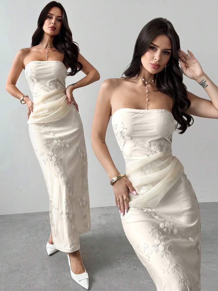 Firerie فستان أنيق مطرز بالشبك ذو خصر مرتفع مع شريط طويل، رومانسي وراقي للحفلات والمواعيد والارتداء اليومي، بلون المشمش - لون مشمشي - مشاهدة 9