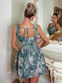Glamine Charm 优雅法式浪漫露背系带迷你连衣裙，蓝白印花，适合日常穿着、约会、度假，女士春夏短款连衣裙 - 藍色 - 查看 4
