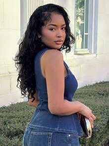 Alexandranx 女士圆领单排扣休闲无袖牛仔上衣 - 深色水洗藍 - 查看 6