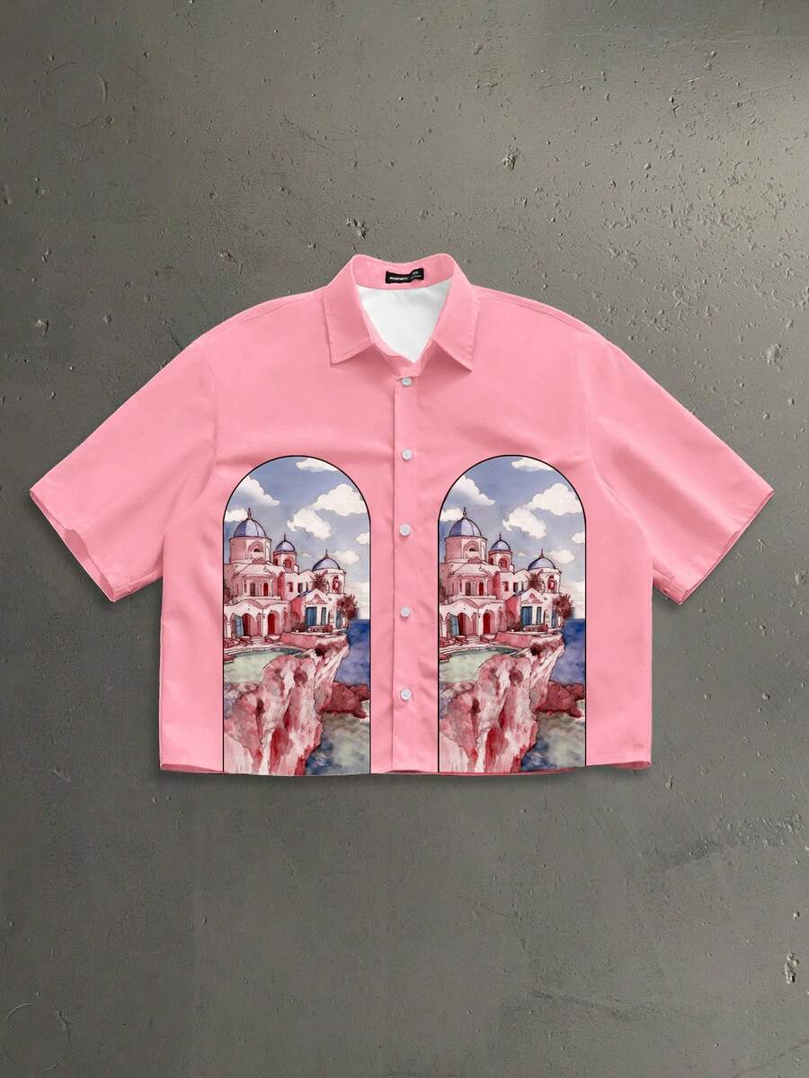StoneGrade 男士建筑图案短袖单排扣休闲衬衫 - 粉色 - 查看 1