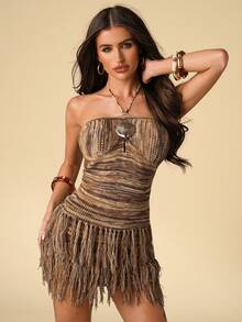 SHEIN BAE Đầm dệt kim buộc cổ gợi cảm và thời trang với tua rua, kiểu dáng ôm sát cơ thể đa năng phù hợp cho kỳ nghỉ của phụ nữ. - Nhiều màu - Xem 6