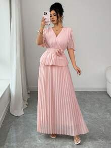 Elenzga Elegant And Sophisticated V-Neck Pleated Dress With A Three-Dimensional Floral Belt That Cinching The Waist And Creating A Slimming Effect. - Pink - View 3