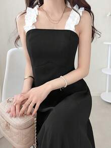 FRIFUL Women's Contrast Color Ruffle Strap Patchwork A-Line Waist Sweet Long Dress, Sleeveless For Summer Sundress Cocktail Dress - Black - View 6