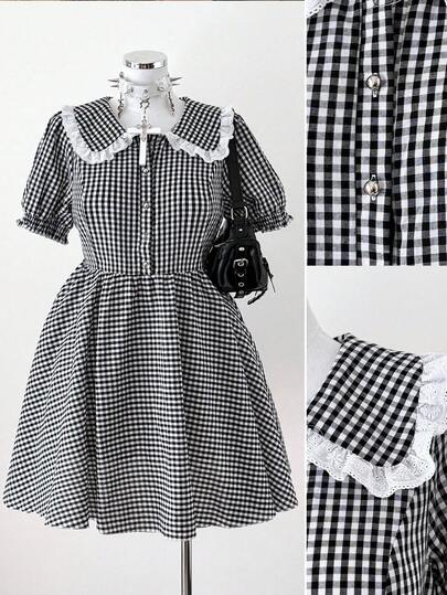 Sunspun Cute Sweet Doll Dress Patchwork Heart Lace Trim Casual Short Dress, Summer