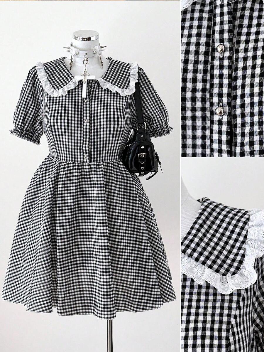 Sunspun 可爱甜美娃娃连衣裙，拼接爱心蕾丝边休闲短裙，夏季 - 黑與白 - 查看 1